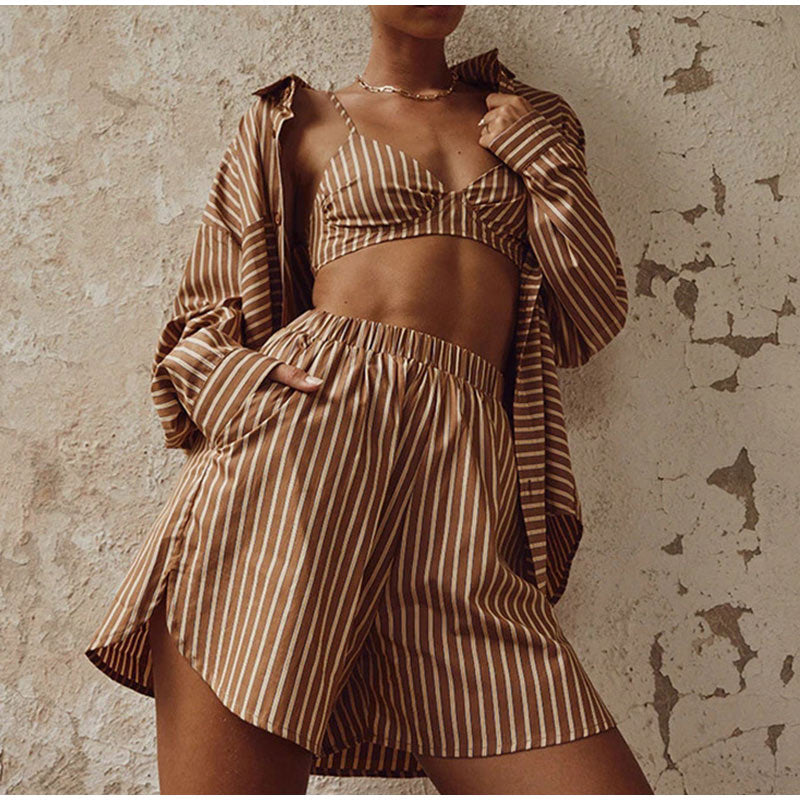 Stripe Shirt Shorts Three Piece Set