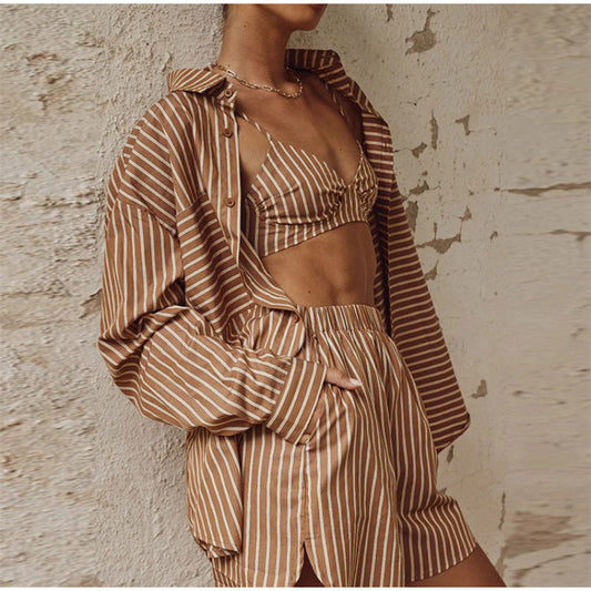 Stripe Shirt Shorts Three Piece Set